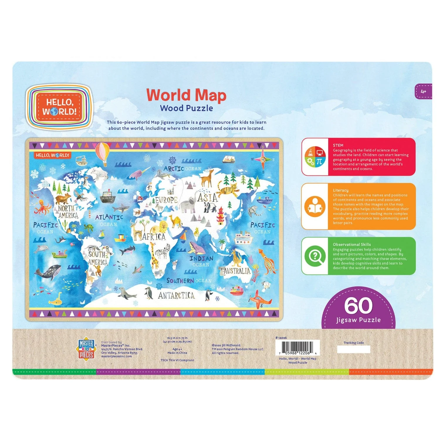 Hello, World! - World Map 60 Piece Wood Jigsaw Puzzle - Image 3